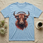 Light blue t-shirt featuring a bold, colorful bull wearing headphones.