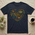 Dark t-shirt with a heart-shaped design of reeds, water lilies, and a turtle.