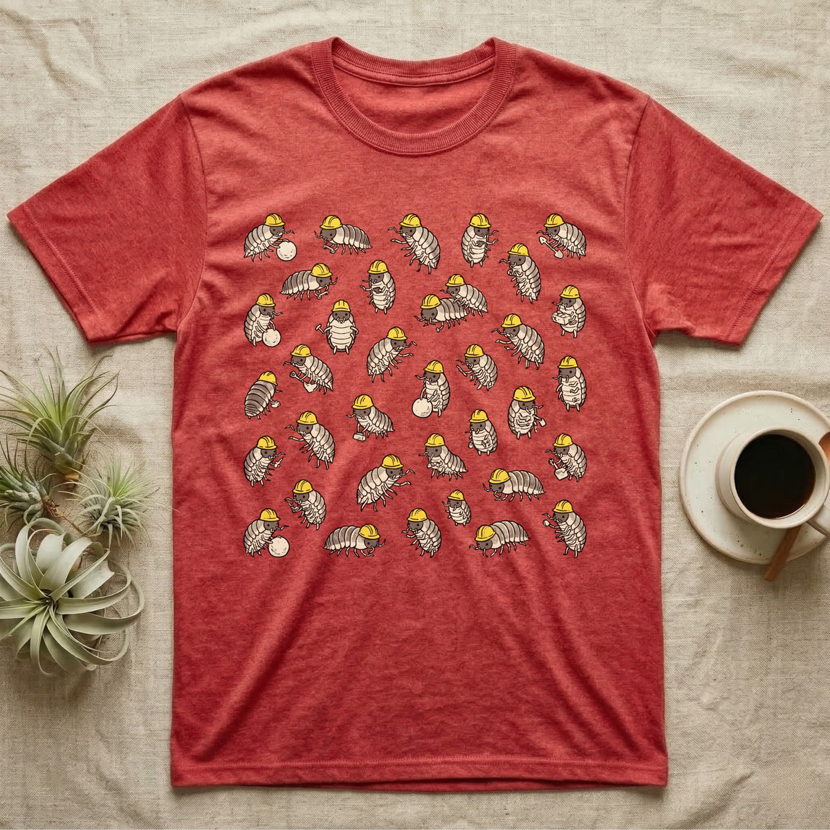 Isopod Cleanup Crew T-Shirt in Heather Red — Flat all-over scatter of cheerful isopods in tiny hi-vis hard-hats as a bioactive cleanup crew on shift.