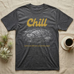 Snapping Turtle Chill T-Shirt in Dark Heather — White-line engraving of a snapping turtle floating among lily pads under the word Chill