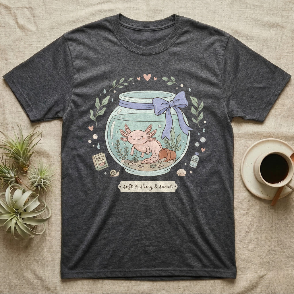Dark gray t-shirt with a cartoon axolotl in a fishbowl and text that reads "soft & slimy & sweet".