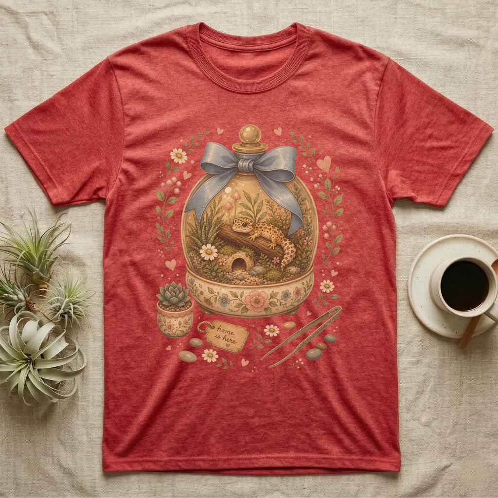 Red t-shirt with a terrarium graphic featuring a gecko and "Home is here" tag.
