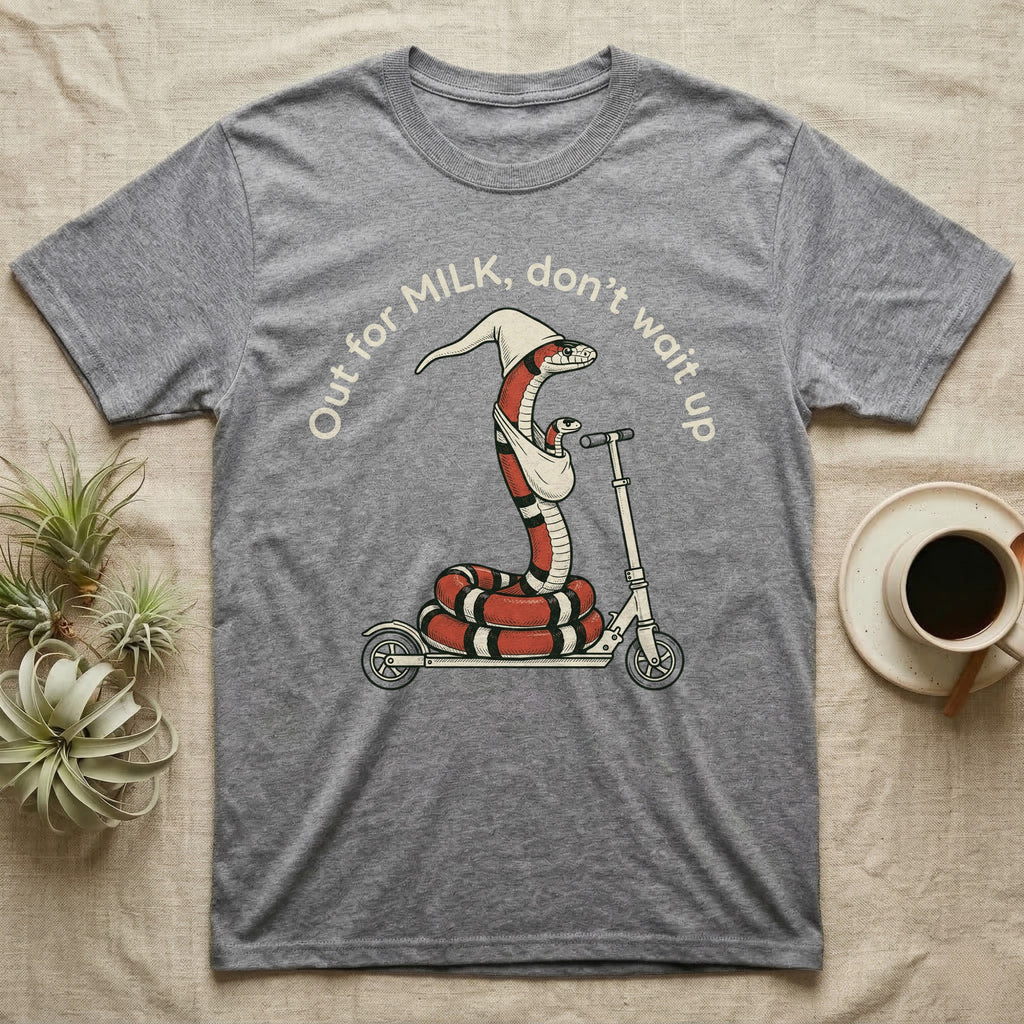 Milk Snake Scooter T-Shirt in Sport Grey — Milk snake in a white cap riding a kick scooter with a baby snake in a sling, under the curved words Out for MILK, don't wait up.