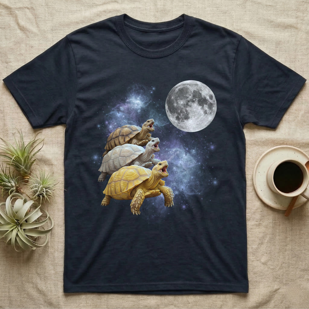 Sulcata Tortoise Moon Howl T-Shirt in Navy — Three Sulcata Tortoise colour morphs howling at a full moon over a nebula on a dark grey t-shirt.