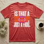 Frog Jack-O'-Lantern Illusion T-Shirt in Heather Red — Typographic graphic of an orange frog doubling as a jack-o'-lantern, "Is That a Pumpkin? Or Just a Frog."
