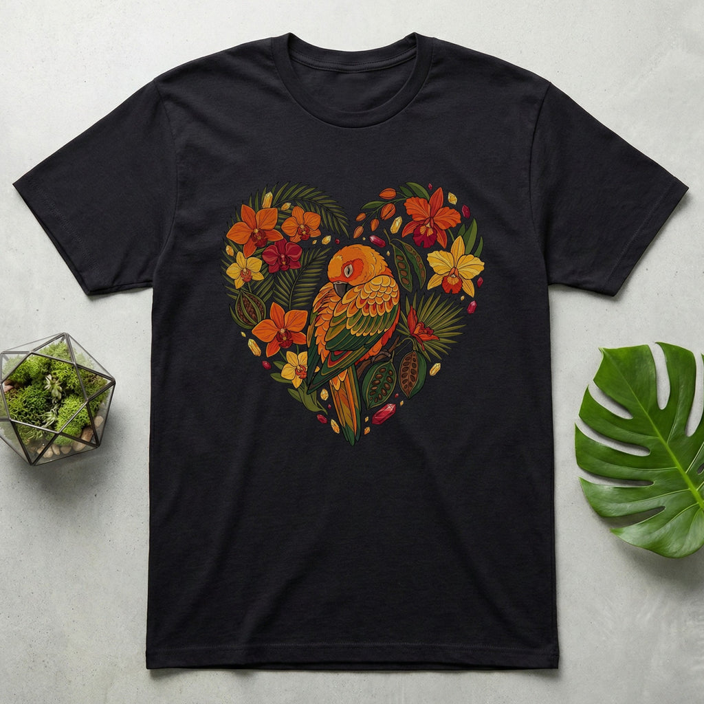Vibrant Floral Heart Parrot Graphic Tee Shirt Product