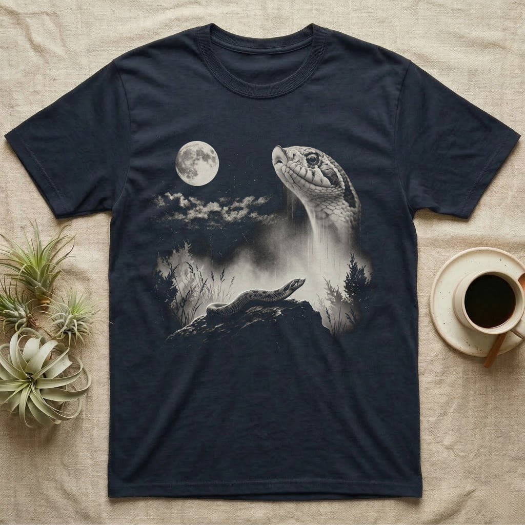 Hognose Spirit Moon T-Shirt in Navy — Cream one-ink print of a western hognose on a rock under a full moon, its giant ghostly head in the night sky.
