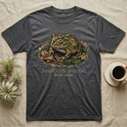 Dark grey t-shirt with illustration of a Ceratophrys cranwelli frog on a bed of leaves.