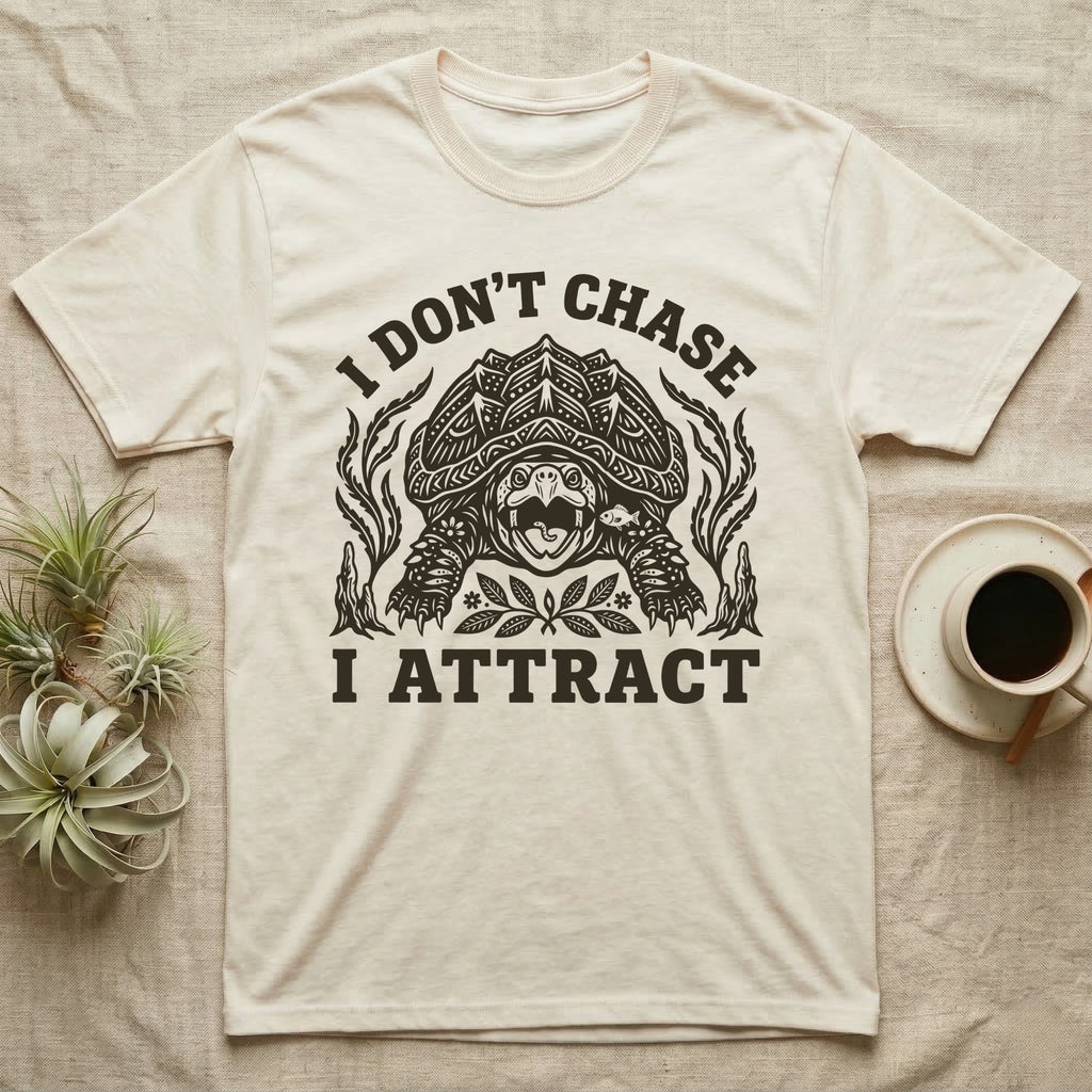 Alligator Snapper Lure T-Shirt in Natural — Folk-print alligator snapping turtle, jaws open, tongue lure out, a fish swimming in, text I Don't Chase I Attract
