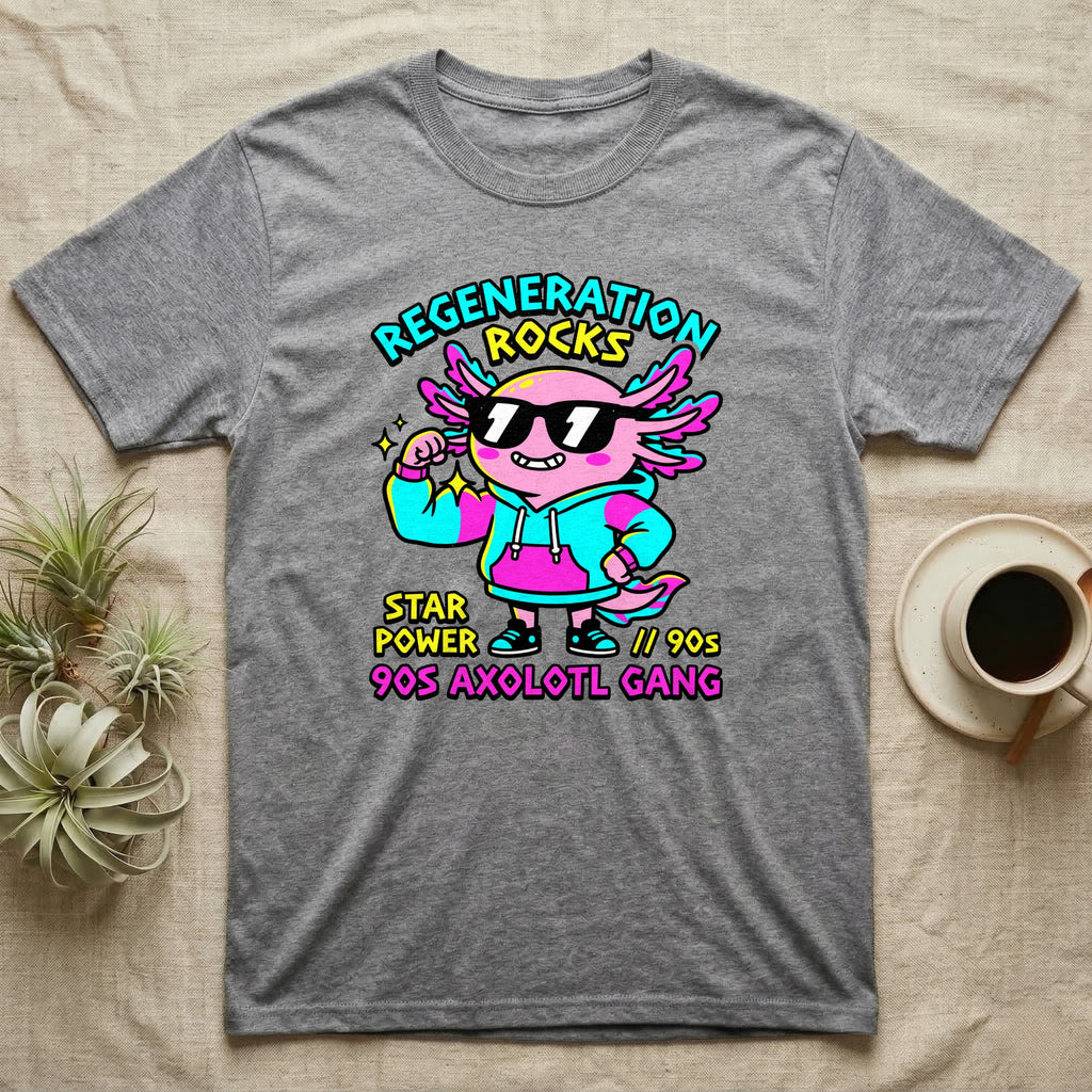 Axolotl Regeneration Rocks T-Shirt in Sport Grey — Neon 90s cartoon pink axolotl in shades flexing under "Regeneration Rocks" lettering.