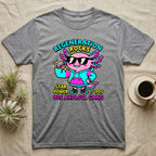 Axolotl Regeneration Rocks T-Shirt in Sport Grey — Neon 90s cartoon pink axolotl in shades flexing under "Regeneration Rocks" lettering.