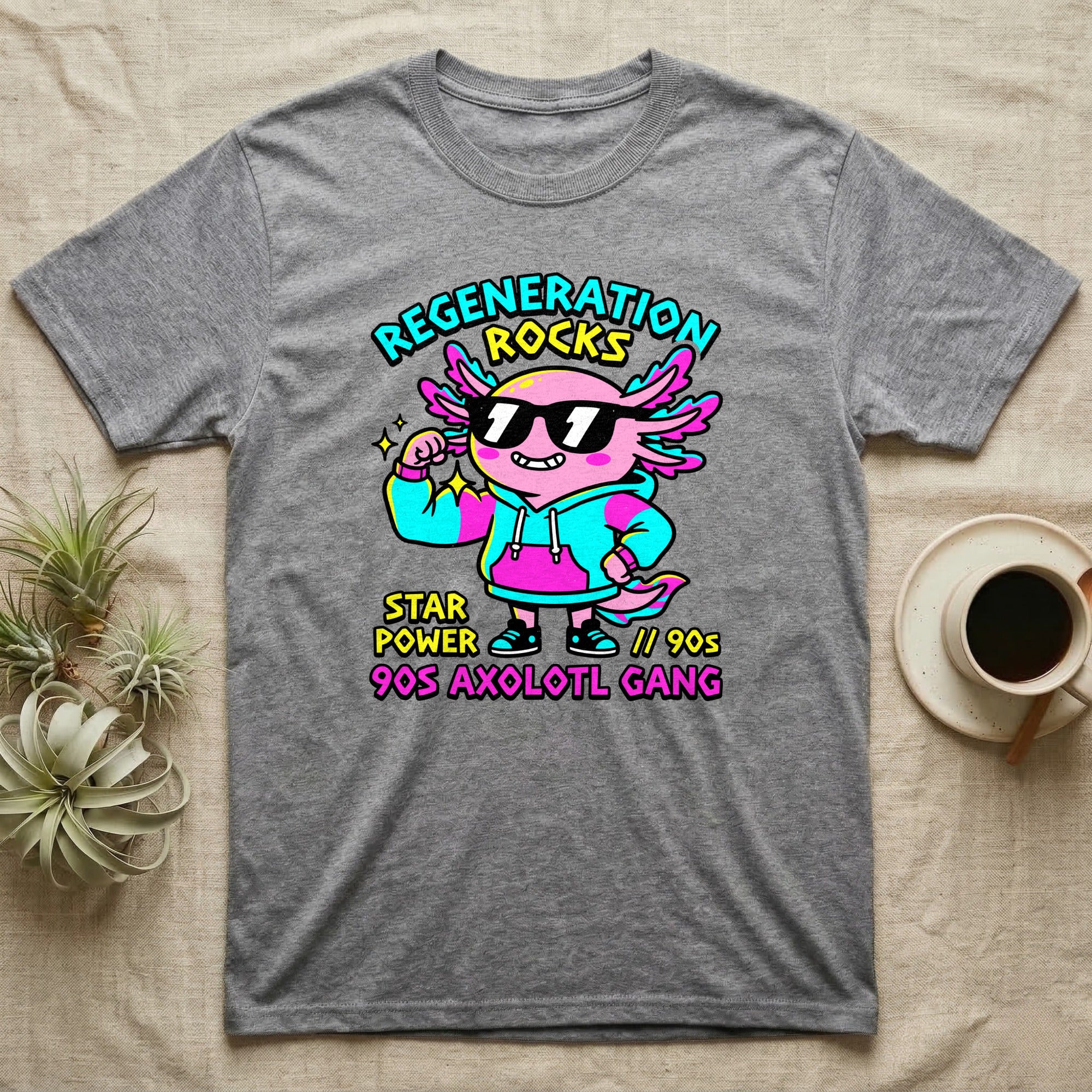 Axolotl Regeneration Rocks T-Shirt in Sport Grey — Neon 90s cartoon pink axolotl in shades flexing under "Regeneration Rocks" lettering.