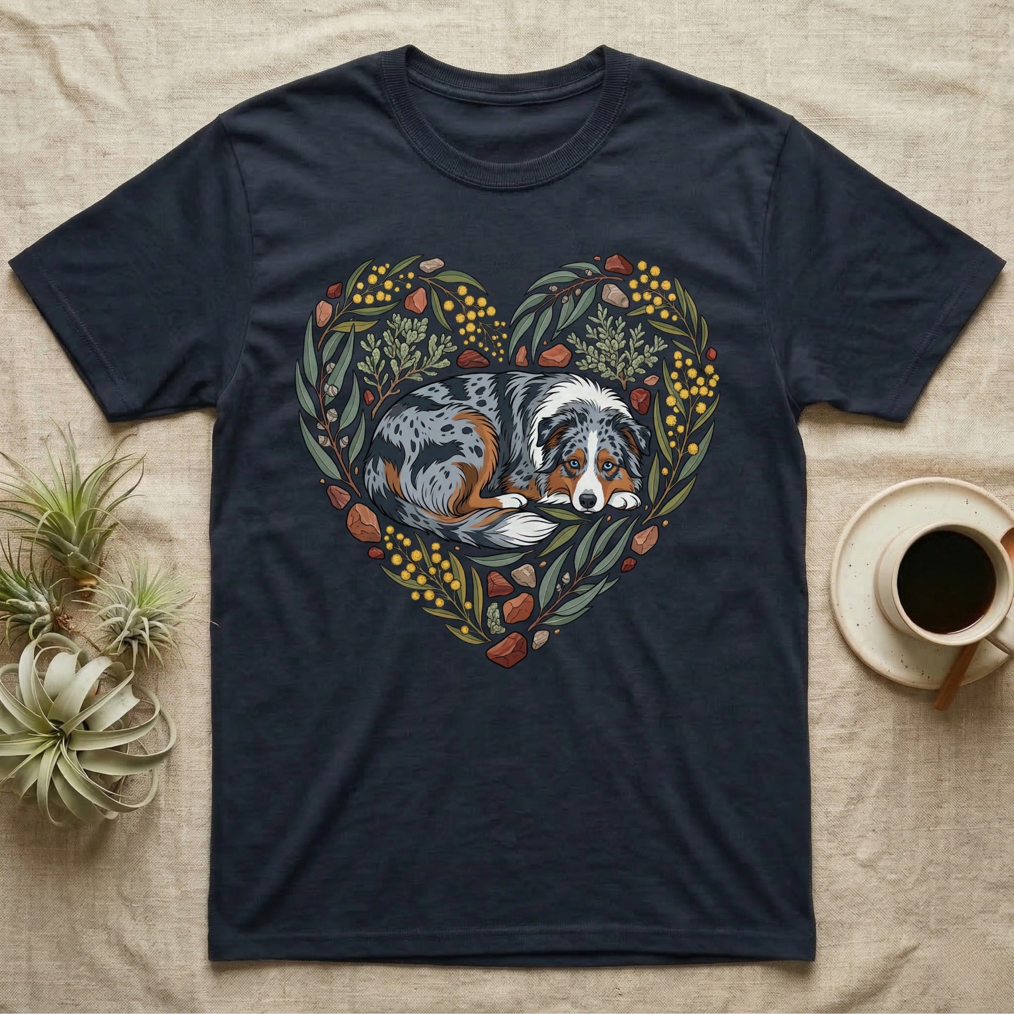 T-shirt with a heart-shaped floral wreath design featuring a dog.