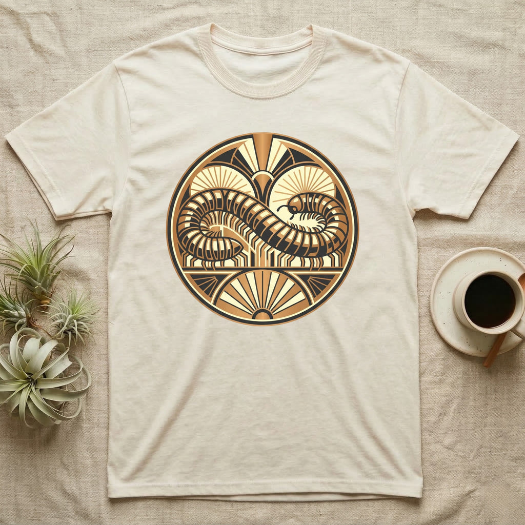 Cream t-shirt with circular art deco design of a coiled serpent or dragon.