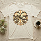 Cream t-shirt with circular art deco design of a coiled serpent or dragon.