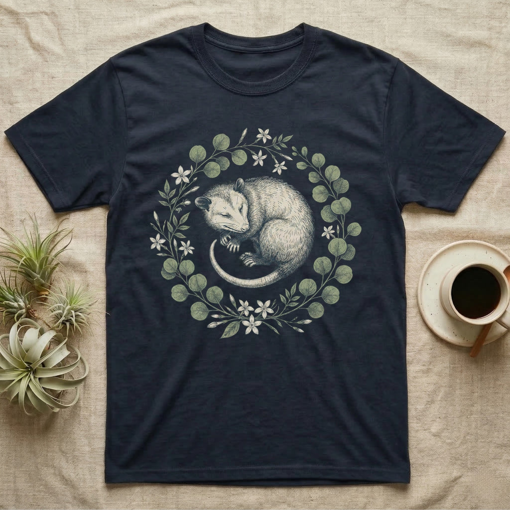 Navy t-shirt with sleeping possum and floral wreath design.