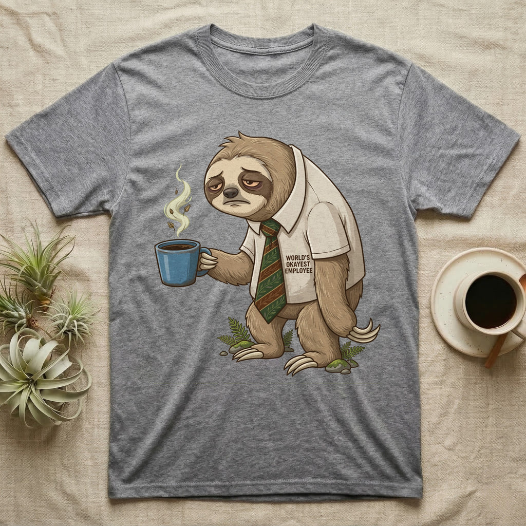 Grey t-shirt with graphic of a tired sloth holding a coffee mug.