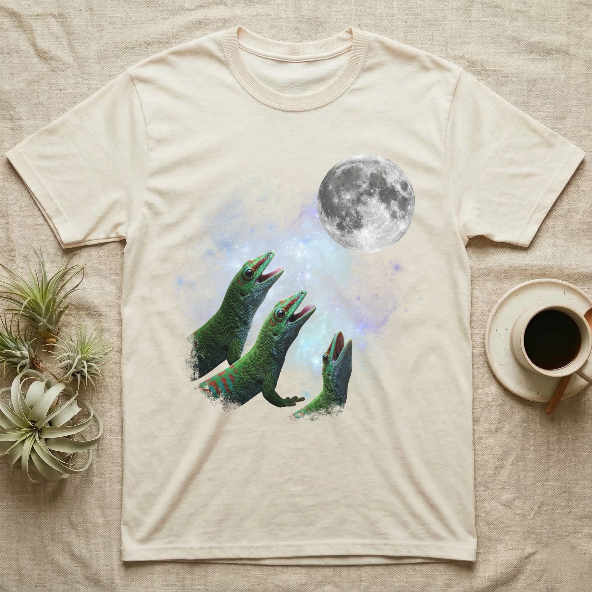 Giant Day Gecko Moon Howl T-Shirt in Natural — Three Giant Day Gecko colour morphs howling at a full moon over a nebula on a dark grey t-shirt.