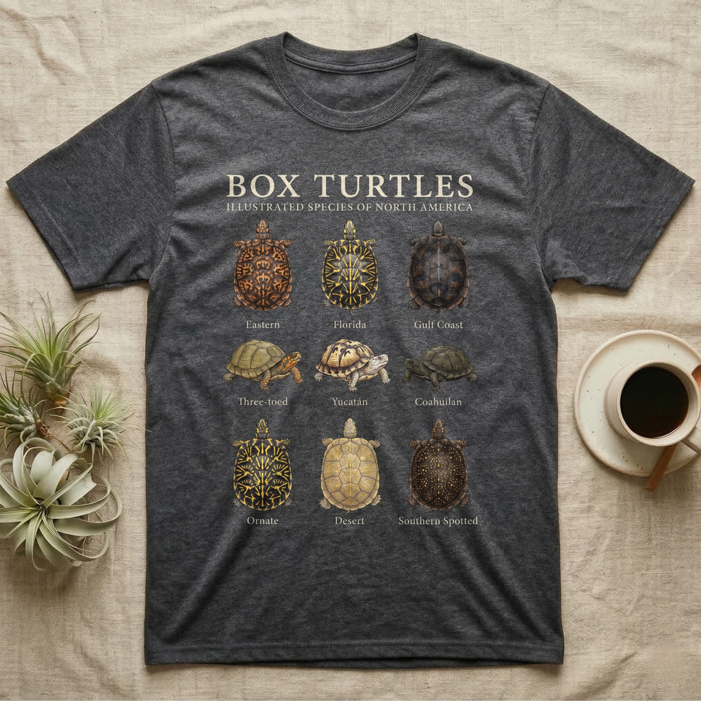 Box Turtle Chart T-Shirt in Dark Heather — Watercolour chart of nine named North American box turtles under a cream serif Box Turtles title