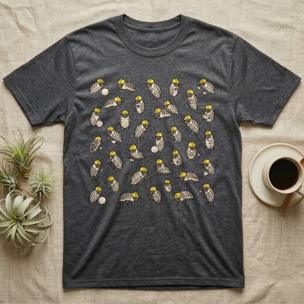 Isopod Cleanup Crew T-Shirt in Dark Heather — Flat all-over scatter of cheerful isopods in tiny hi-vis hard-hats as a bioactive cleanup crew on shift.