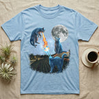 Blue cats blasting lasers and fire with moon overhead on rooftop.
