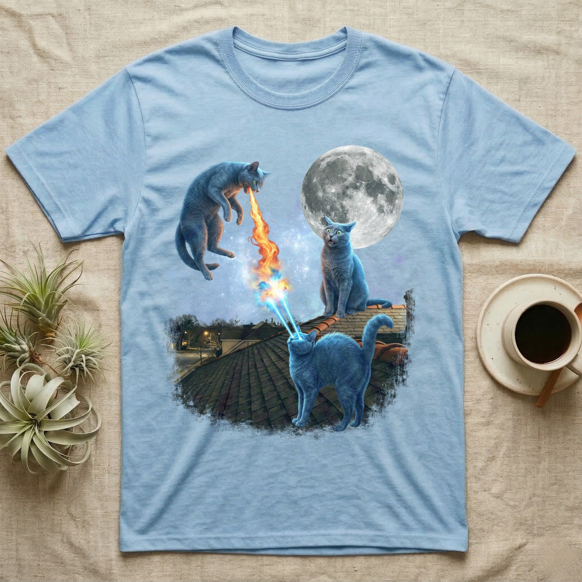 Blue cats blasting lasers and fire with moon overhead on rooftop.