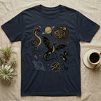 Dark t-shirt with celestial dragons and planets design.