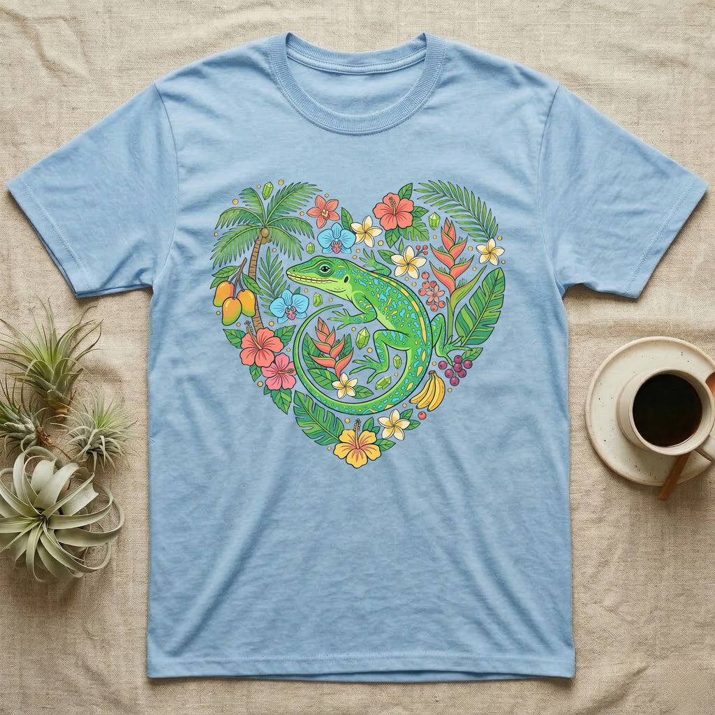 Light blue t-shirt with a heart-shaped tropical design featuring a green lizard.