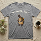 Box Turtle Herping T-Shirt in Sport Grey — Minimal doodle of an eastern box turtle standing upright in a headlamp holding a flashlight, under the words off to flip logs