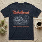 Western Hognose Unbothered T-Shirt in Navy — White engraved western hognose snake coiled in loose substrate beside a hide, under the word Unbothered and above it has not eaten since june.
