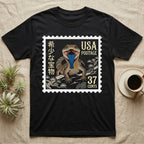 Black t-shirt featuring a postage stamp design with a lizard and "USA Postage 37".