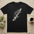 Black t-shirt with a white stylized illustration of a gecko on a branch.