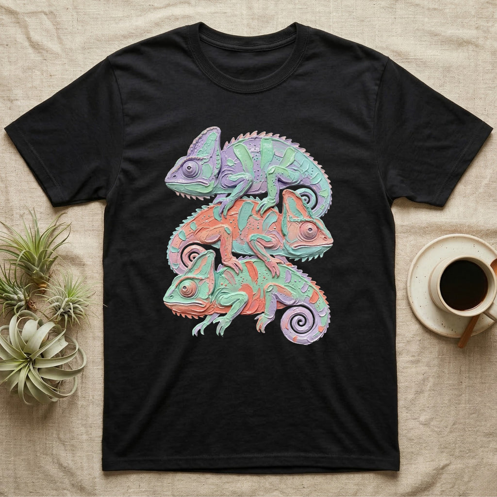 Black t-shirt with three stacked chameleons in pastel colors.