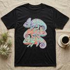 Black t-shirt with three stacked chameleons in pastel colors.