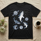 Black t-shirt with cartoon sharks in space suits, planets, and stars.