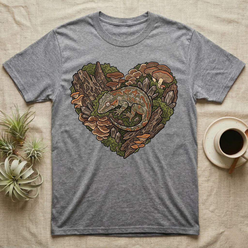 Grey t-shirt with a heart-shaped design of a gecko on moss and crystals.