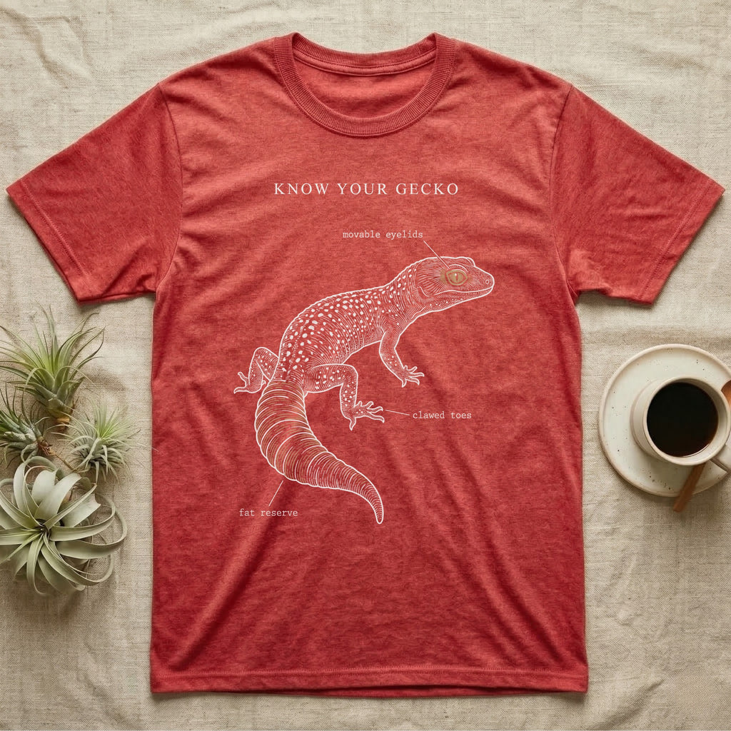 Leopard Gecko Anatomy T-Shirt in Heather Red — One-ink leopard gecko specimen with "Know Your Gecko" header and handwritten labels for eyelids, tail, toes.
