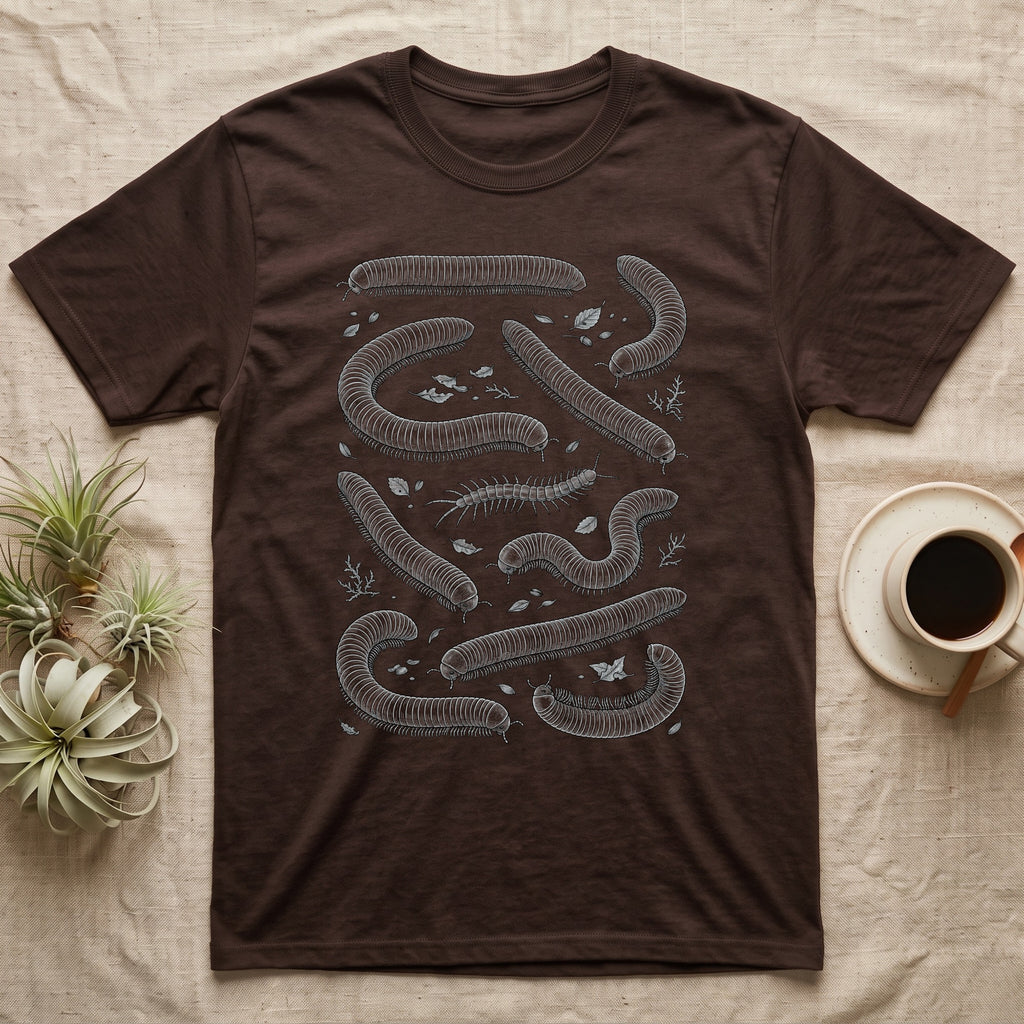 Giant Millipede Imposter T-Shirt in Dark Chocolate — A naturalist plate of engraved giant African millipedes with one centipede hidden among them.
