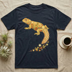 Uromastyx Solar Loaf T-Shirt in Navy — Warm watercolour mosaic of a basking uromastyx lizard made of tiny suns, cacti and sand on grey