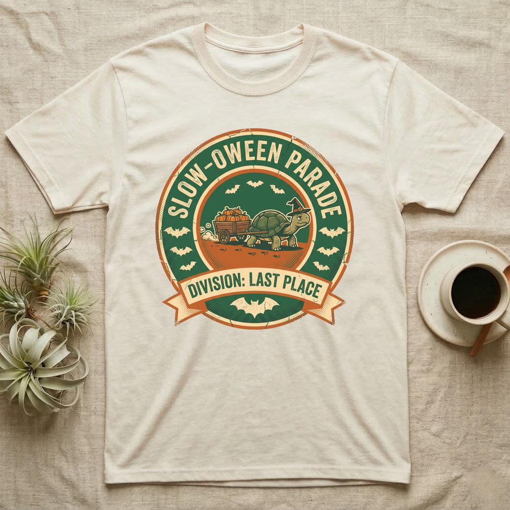 Tortoise Slow-oween Parade T-Shirt in Natural — Distressed badge of a witch-hatted tortoise pulling a pumpkin wagon, "Slow-oween Parade, Division Last Place."