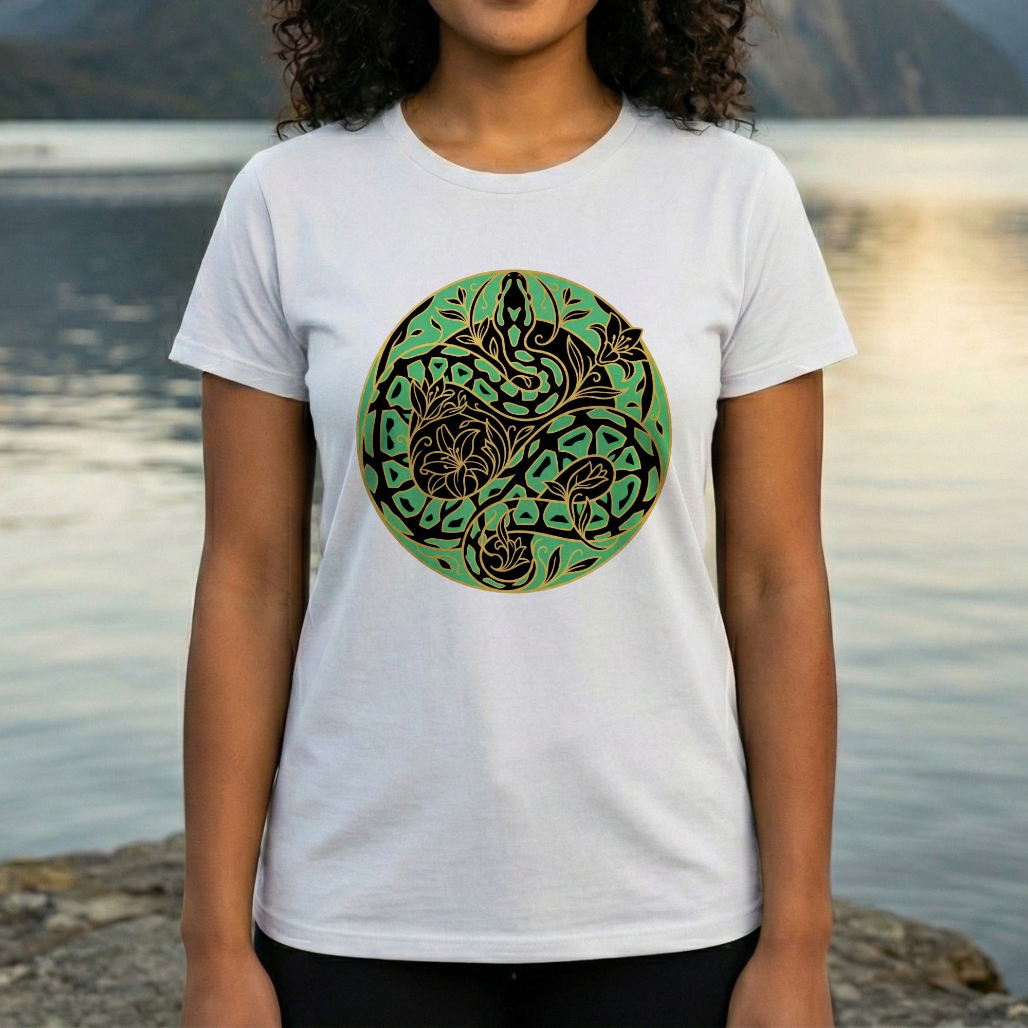 Intricate Snake Pattern with Floral Accents T-shirt