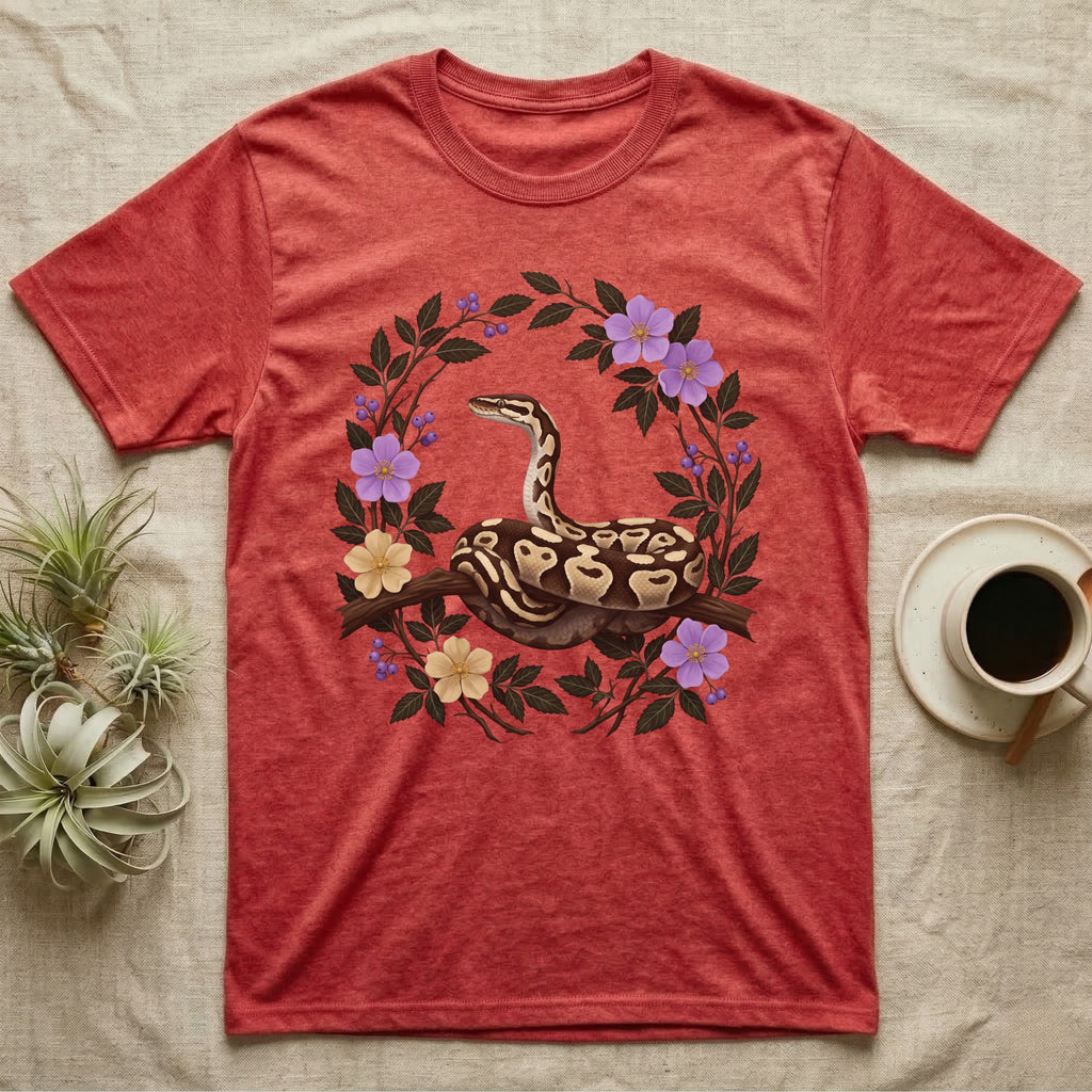 Ball Python Opinions Television T-Shirt in Heather Red — Oil-painted ball python coiled on a branch, enclosed by a dense oval bower of flowering bramble.