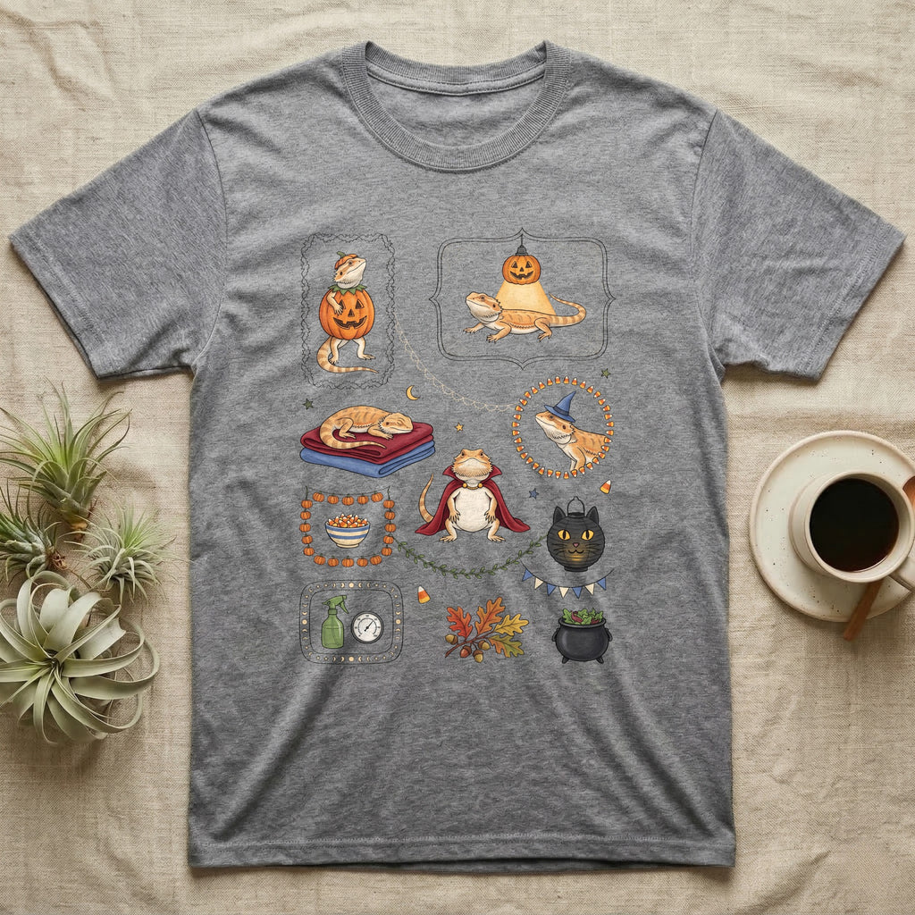 Bearded Dragon Halloween Sampler T-Shirt in Sport Grey — Gouache sampler of ten bearded dragon Halloween vignettes — pumpkin costume, witch hat, red cape — on dark charcoal.