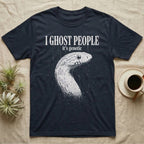 Ghost Corn Snake T-Shirt in Navy — Gritty one-ink white print of a pale ghost corn snake head under the words I GHOST PEOPLE, it's genetic, on black