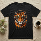 Black t-shirt with a watercolor tiger wearing headphones.