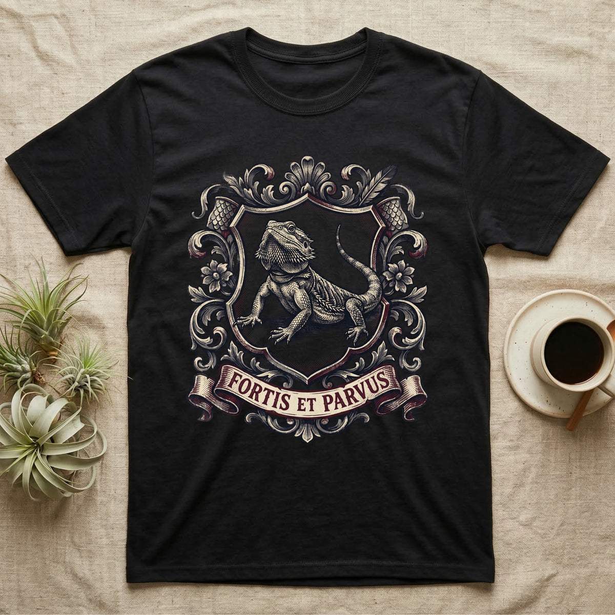 Bearded Dragon Heraldry T-Shirt in Black — Engraved heraldic crest of a bearded dragon posed as a regal dragon on a shield with a ribbon banner.