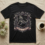 Bearded Dragon Heraldry T-Shirt in Black — Engraved heraldic crest of a bearded dragon posed as a regal dragon on a shield with a ribbon banner.