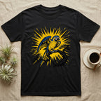 Black t-shirt featuring a blue and yellow macaw perched on a branch with a sunburst behind it.