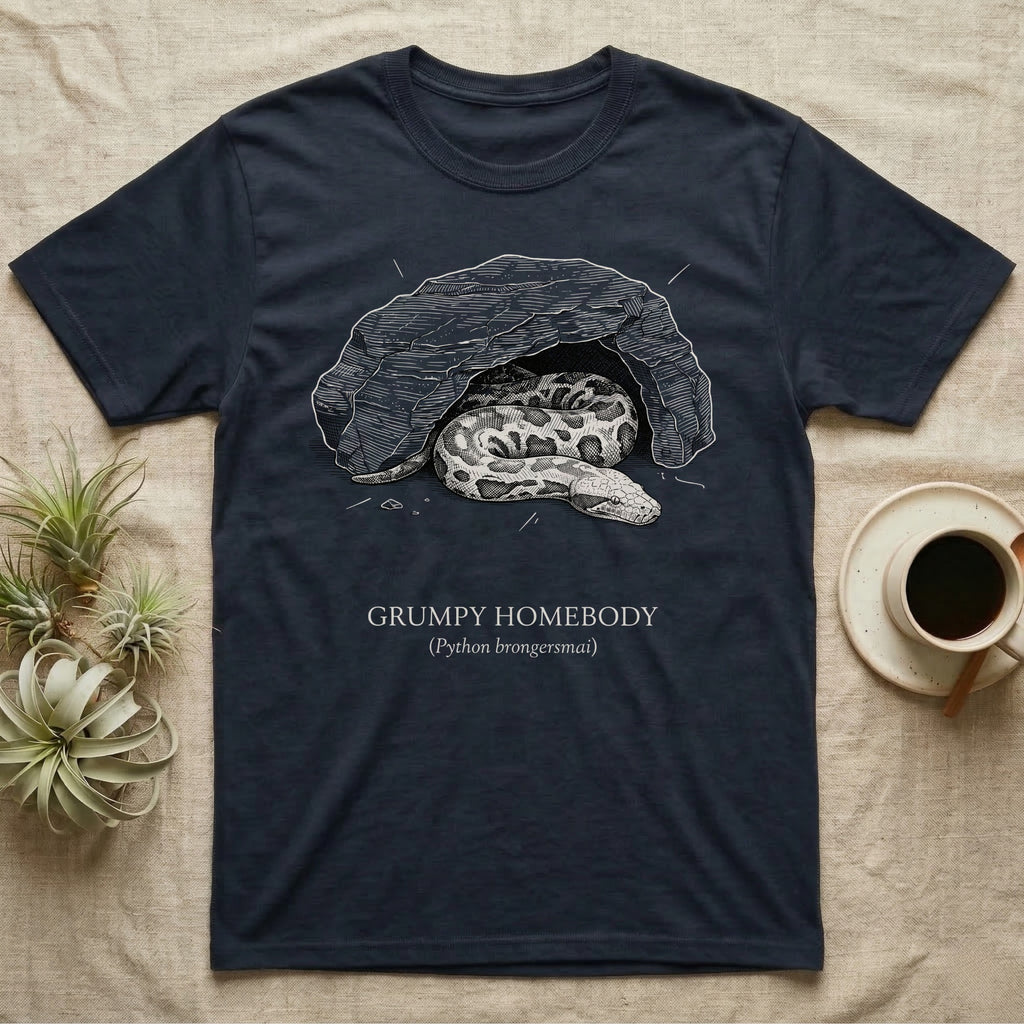Blood Python Grumpy Homebody T-Shirt in Navy — Naturalist ink engraving of a blood python resting in a rock cave, captioned "Grumpy Homebody, Python brongersmai".
