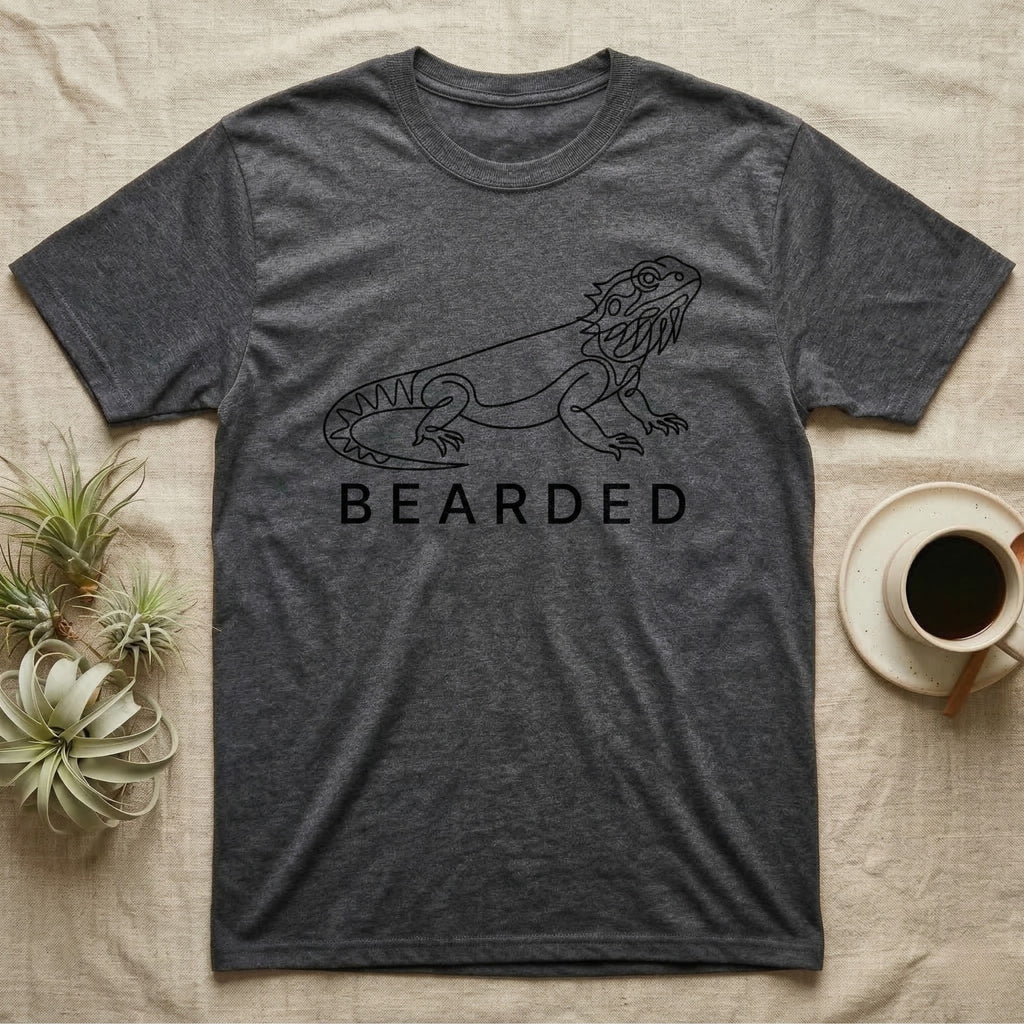 Dark gray t-shirt with black line drawing of a bearded dragon and text "BEARDED".